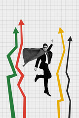 Sticker - Creative vertical collage picture young man rising up flight superhero mask cloak dynamic arrows charts stats improvement