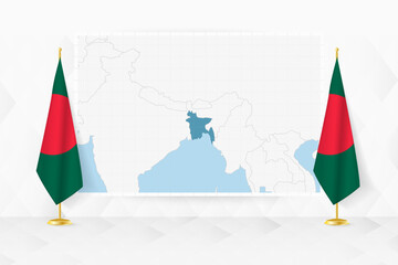 Wall Mural - Map of Bangladesh and flags of Bangladesh on flag stand.