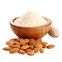 Wall Mural - Almond flour in wooden bowl isolated on transparent background Remove png, Clipping Path, pen tool