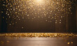 The image features a dark room with a spotlight shining down on a wooden floor covered in golden confetti.