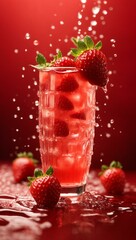 A vibrant red strawberry cocktail mid-splash with fresh strawberries adorn the drink and scattered around on a vivid red background