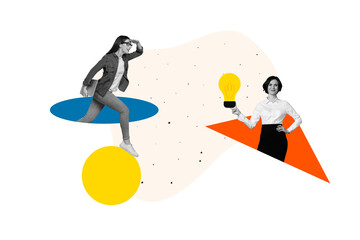 Aufkleber - Creative trend collage of entrepreneur female run develop electric bulb employee professional expert weird freak bizarre unusual fantasy