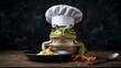An adorable green frog in a chef's hat is ready to cook, with pasta and a spoon, against a rustic dark background