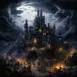 illustration of halloween castle on a hill stormy night weird and, Generative ai