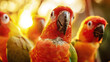Three vibrant parrots with colorful feathers are standing side by side in this photograph