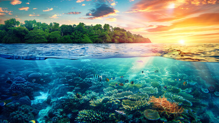 Wall Mural - A tropical coral reef is visible underwater with the sun setting in the background