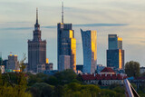 Fototapeta Miasto - Aerial panorama of Warsaw city during sunset.