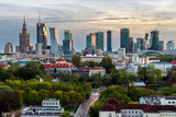 Fototapeta Miasto - Aerial panorama of Warsaw city during sunset.