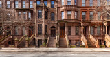 Fototapeta Nowy Jork - Panoramic view of Brownstones in Harlem. Rows of Townhouses. (Mount Morris Park Historic District). Manhattan, New York City