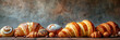 Fresh bread and croissants lying on a rustic table. Ai generative.