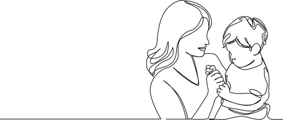 Wall Mural - continuous single line drawing of smiling mother holding toddler on arm, line art vector illustration
