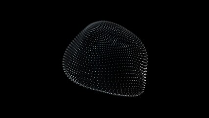 a black and white sphere with white dots moves chaotically on a black background. plastic soft round