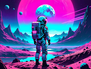 Wall Mural - The back of an astronaut exploring a strange planet. Pink planets in the background. Science fiction illustration in synthwave colors.