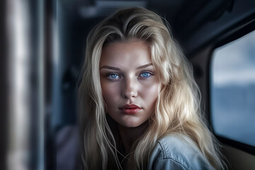 Wall Mural - A woman with blonde hair and blue eyes is sitting in a car. She is wearing a red shirt and a necklace