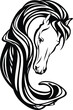 wild horse head with gorgeous long mane black and white vector outline portrait