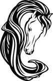 Fototapeta  - wild horse head with gorgeous long mane black and white vector outline portrait