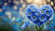 Karte oder Banner, um einen glücklichen Muttertag in Blau zu wünschen, daneben ein Herz aus blauen Blumen auf einem grünen und blauen Hintergrund mit Kreisen im Bokeh-Effekt
