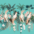 Tropical pink cockatoo parrots, green palm leaves, banana tree, pink flower, orchid floral seamless pattern blue background. Exotic jungle wallpaper.