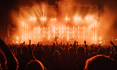 Cinematic photo of a concert stage with a large crowd cheering, Generative AI