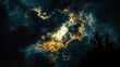 Cloudy in the night sky. Looking up from below, the darkness envelops everything, with the moonlight painting parts of the clouds in a soft luminescence