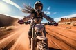 A female riding a motorcycle running wild with landscape of American’s Wild West with desert sandstones.
