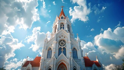 Wall Mural - Catholic church with white clouds in the blue sky. Religious ancient building Christian celebration Jesus. Majestic white church 4k video