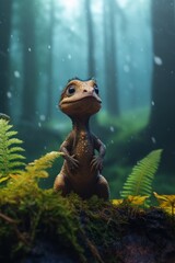 Wall Mural - cute baby dinosaur in prehistoric forest. photorealistic.