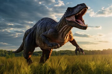 Wall Mural - dinosaur stands in prehistoric environment. photorealistic.