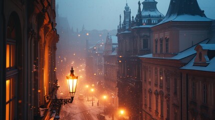 Canvas Print - Street view with beautiful historical buildings in winter with snow and fog in Prague city in Czech Republic in Europe.