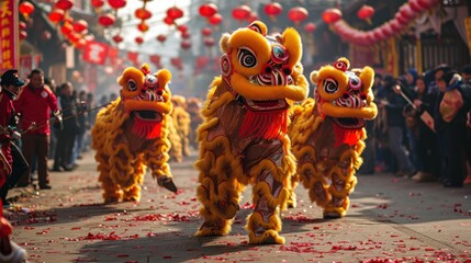 Wall Mural - Lion dance in street with firecrackers as the traditional Chinese folk event activities during Chinese lunar new year celebration.