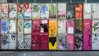 Multiple doors in a row with colorful graffiti designs and tags, showcasing urban street art on various surfaces