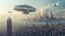 A futuristic cityscape with towering buildings and a flying saucer hovering in the sky, surrounded by autonomous drones and advanced technology