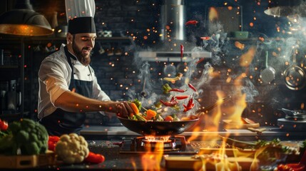 Wall Mural - A chef is tossing vegetables in a wok over a flaming stove, with ingredients flying in the air