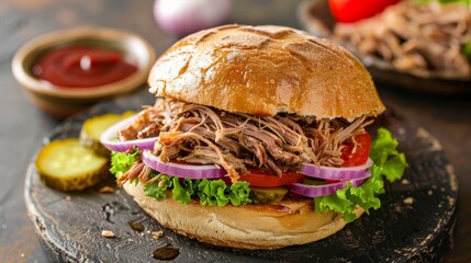Canvas Print - A mouth-watering pulled pork sandwich piled high with juicy tomatoes, crisp onions, and fresh lettuce