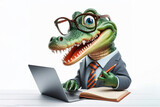 Fototapeta Przestrzenne - Alligator with glasses and a surprised look on her face is looking at a laptop on white background
