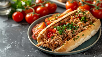 Wall Mural - A pulled pork sandwich served on a white plate, garnished with fresh tomatoes, in a side angle perspective