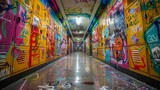 Fototapeta  - A long hallway filled with graffiti on the walls, lockers adorned with colorful stickers, and personal decorations