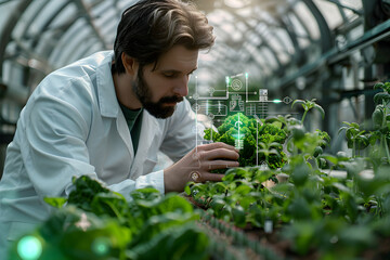 Wall Mural - Futuristic farmer harvesting hydroponic plants in greenhouse using modern AI technology. Monitoring harvest growth progress. Smart farming agricultural technology. Future agro crops concept