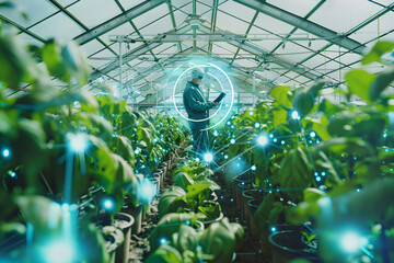 Wall Mural - Futuristic farmer harvesting hydroponic plants in greenhouse using modern AI technology. Monitoring harvest growth progress. Smart farming agricultural technology. Future agro crops concept