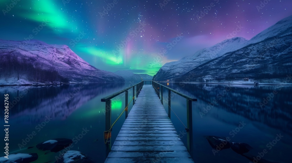 Beautiful aurora northern lights in night sky with lake pedestrian ...