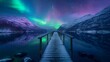 Beautiful aurora northern lights in night sky with lake pedestrian bridge snow forest in winter.