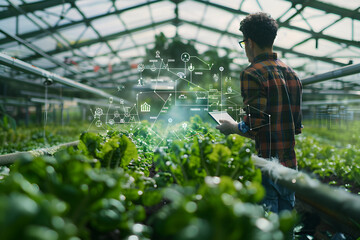 Wall Mural - Futuristic farmer harvesting hydroponic plants in greenhouse using modern AI technology. Monitoring harvest growth progress. Smart farming agricultural technology. Future agro crops concept