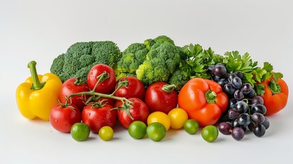  Set of fresh vegetables and grapes on a white background