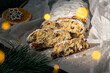Traditional European Christmas pastry bread, fragrant home baked stollen, with spices and dried fruit