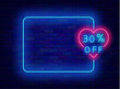 30 percent off sale neon announcement. Heart shape special offer. Romantic February shopping. Empty blue frame. Copy space. Bright flyer. Glowing poster. Editable stroke. Vector stock illustration