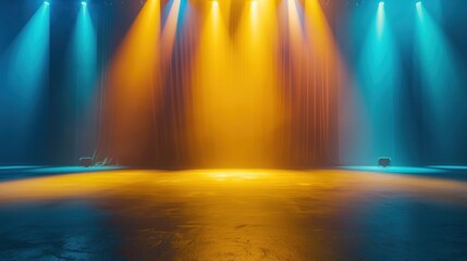 Empty modern stage with bright background for performance, stage lighting with blue and yellow spotlights for dance performance