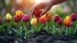 Gardening Passion: Hands Planting Vibrant Tulips in Flowerpots Generative AI