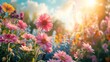 Vibrant Garden Scene with Blooming Flowers and Plants Generative AI