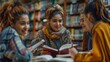 Women of mixed-race and Middle Eastern descent meet for a study session at the library