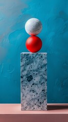 Wall Mural - A marble sculpture with two eggs on top of it sitting next to a blue wall, AI